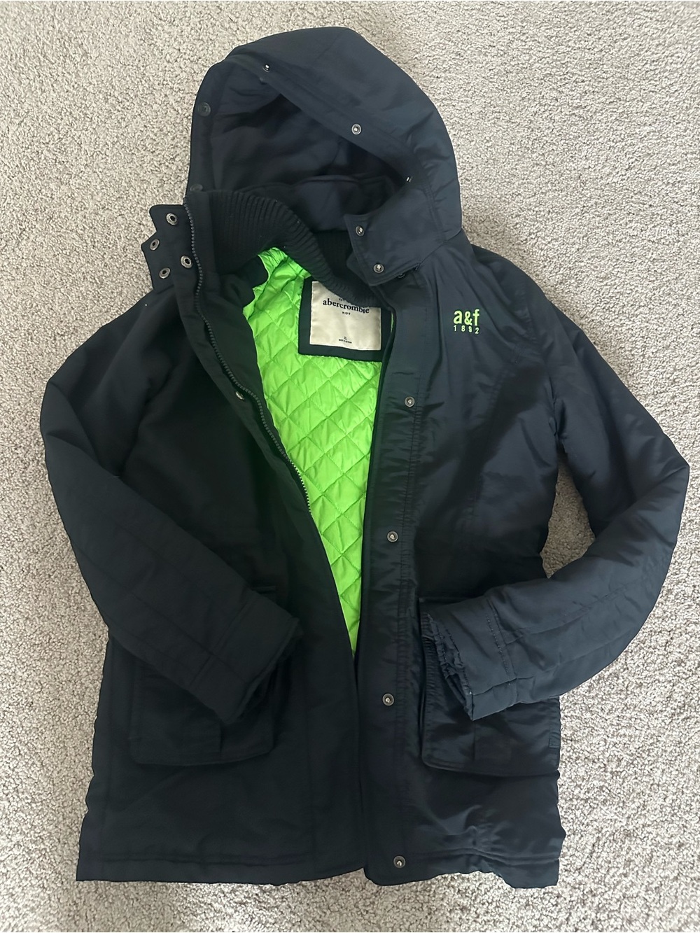 Abercrombie Kids A&F 1892 Y2K Quilted Hooded Parka Black Neon Green Size XL